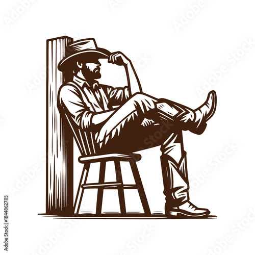 cowboy sitting on a chair resting with legs crossed, outline style