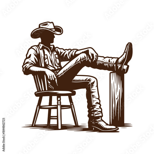 cowboy sitting on a chair resting with legs crossed, outline style