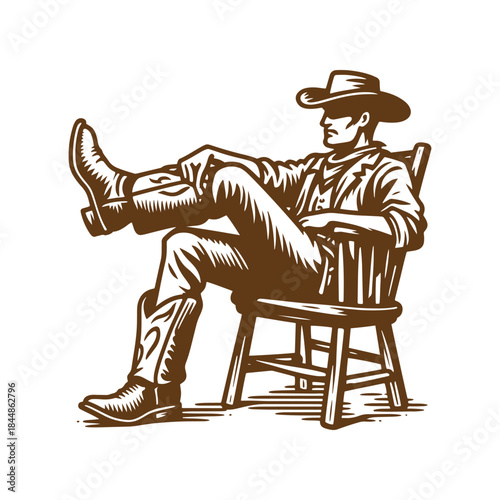 cowboy sitting on a chair resting with legs crossed, outline style