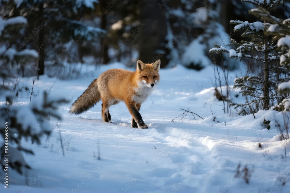 Naklejka premium Red fox walking through a snowy forest in winter
