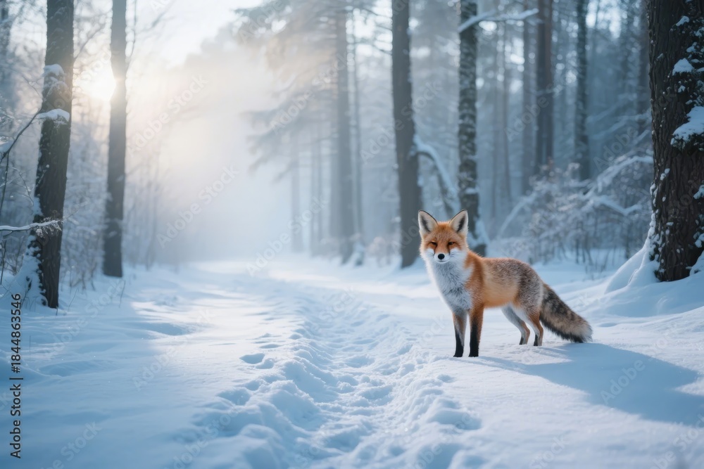 Naklejka premium Red fox standing in a snowy forest path with sunlight filtering through trees