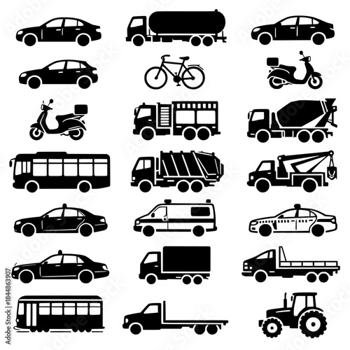 Grid of Vehicle Silhouettes: Cars, Buses, Trucks, Motorcycles in a Vector Illustration