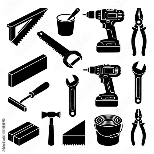 Silhouette vector illustration of assorted hand tools and hardware
