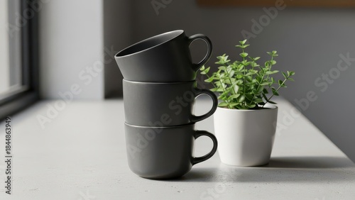Three black coffee cups are stacked on top of each other on a table. for mock up