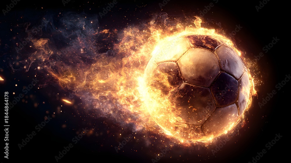 Fototapeta premium Fiery Soccer Ball Ignites the Night Sky in a Dramatic Display.