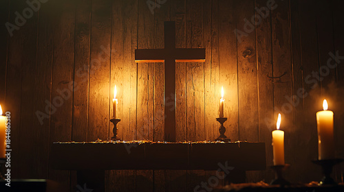 A lit candle is on a table in front of a wooden cross