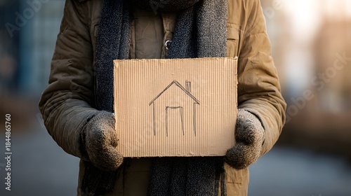 Homeless person holding a sign with a house drawing asking for shelter.