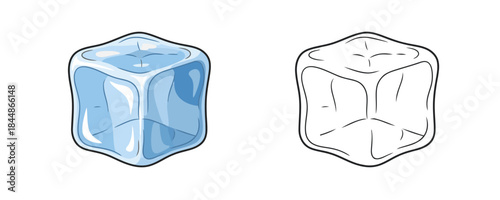 Vector illustration of an icy cold blue cartoon style square ice cube and its corresponding outline drawing on a white background, perfect for chilling beverages