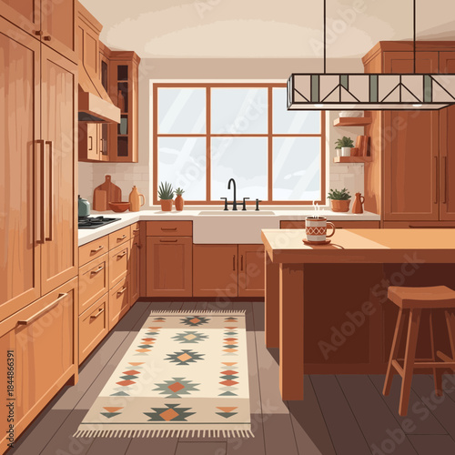 Modern cozy kitchen with natural wood cabinets and large window for bright cooking space