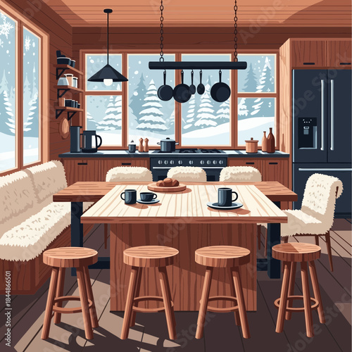 Cozy modern kitchen with wooden cabinets large windows and functional dining area