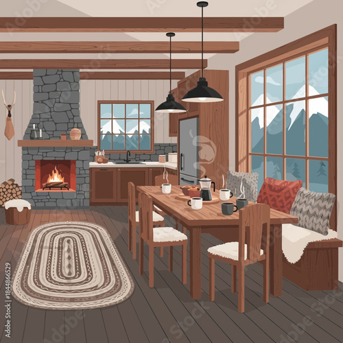 Cozy rustic cabin interior with large windows overlooking mountain landscape and warm fireplace
