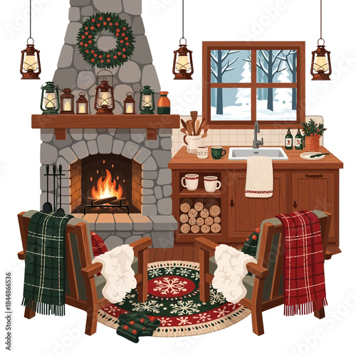 Cozy rustic cabin interior with stone fireplace decorated for winter holiday season with warm