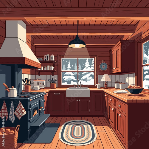 Cozy rustic cabin kitchen interior with warm wooden cabins and snow outside scenic view