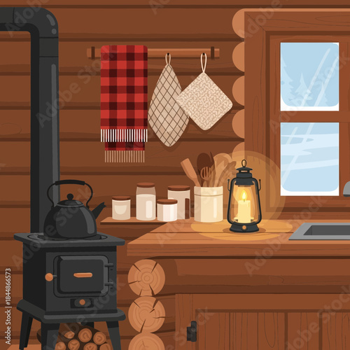Cozy rustic kitchen interior featuring wood walls a stove and kitchen accessories