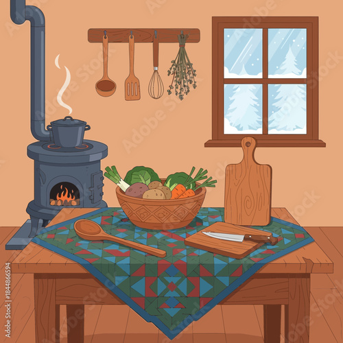 Cozy rustic kitchen scene with a wood stove, fresh vegetables, and kitchen utensils
