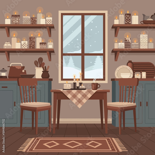 Cozy winter cabin interior with table set near window showcasing snow scene and candles