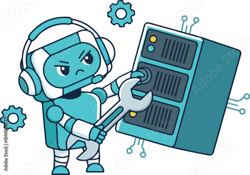 Cute Angry Robot Mascot Repairing Server Rack Vector Illustration