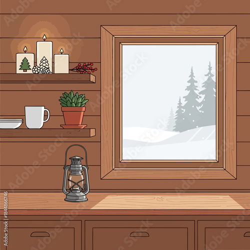 Cozy wooden windowsill interior view with winter snow landscape outside