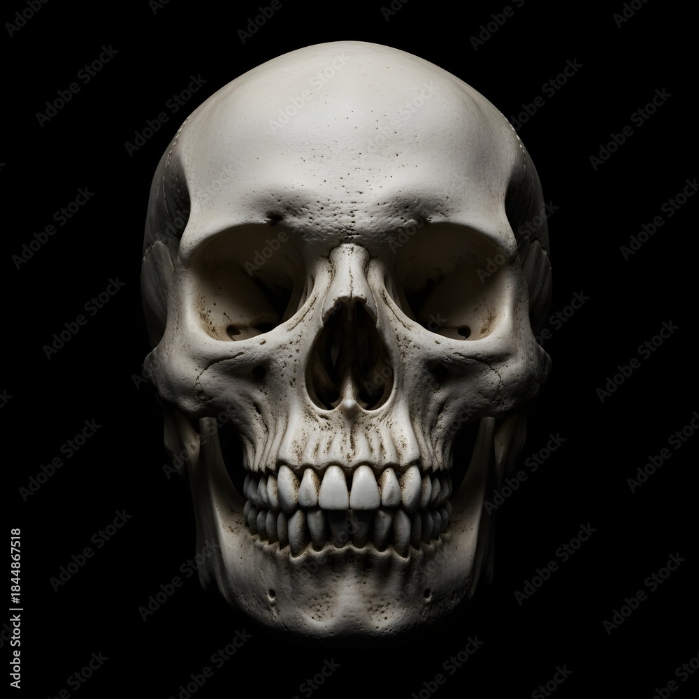 Obraz premium Realistic Human Skull in Dark Dramatic Lighting. 