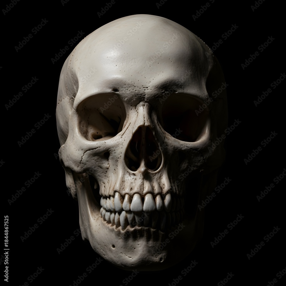 Obraz premium Realistic Human Skull in Dark Dramatic Lighting. 