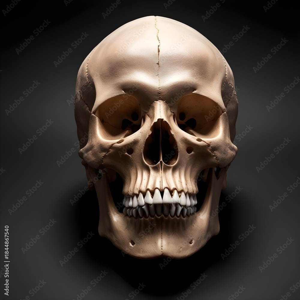 Obraz premium Realistic Human Skull in Dark Dramatic Lighting. 