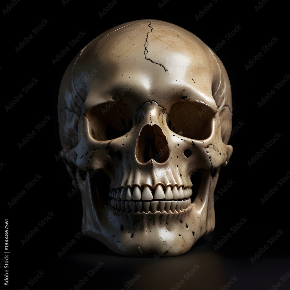 Obraz premium Realistic Human Skull in Dark Dramatic Lighting. 