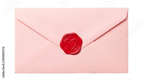 Pink envelope with red wax seal isolated on transparent background. Romantic stationery for love letters and special occasions.