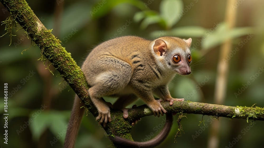 Fototapeta premium Eastern Lesser Bamboo Lemur on a Mossy Branch in Madagascar.