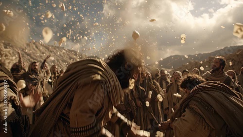 Biblical scene of manna falling from heaven to feed Israelites in the desert.