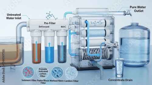 A reverse osmosis unit that filters water, showing the complex filtration process and the resulting pure water. Ideal for illustrating water purification and clean water technology. 4k video