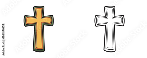 Doodle vector cartoon illustration of a stylized Christian cross in yellow and green and its corresponding outline drawing on a white background, used in worship