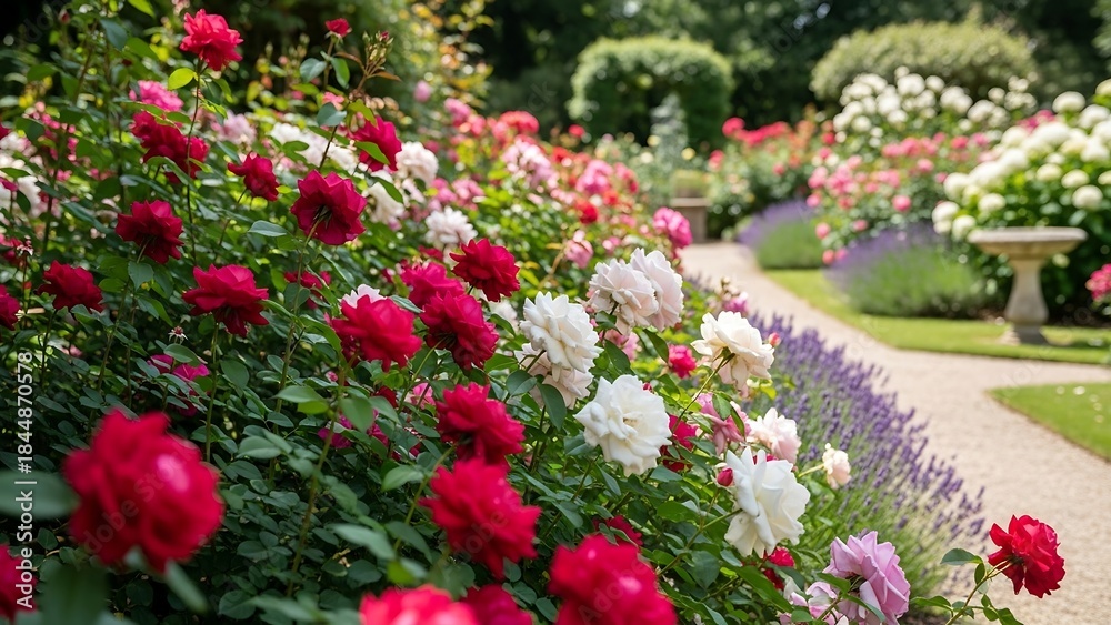 Fototapeta premium Lush Garden Path with Vibrant Red and White Flowers.