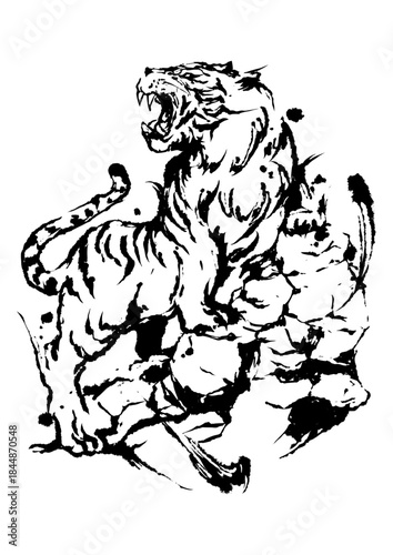 Tiger Standing on Rock – Powerful Japanese Ink Art