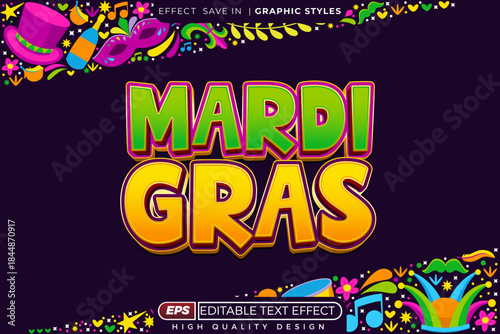 Editable 3d text effect mardi gras with decorative background for banner and banner template design
