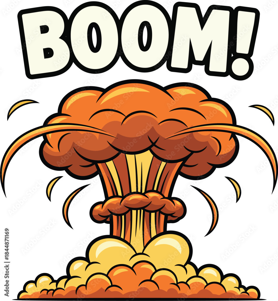 Fototapeta premium Vibrant cartoon mushroom cloud explosion with a bold BOOM comic book sound effect.