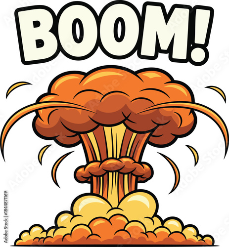 Vibrant cartoon mushroom cloud explosion with a bold BOOM comic book sound effect.