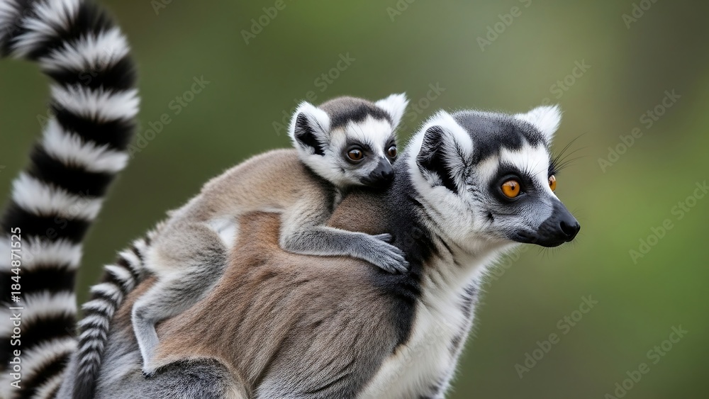 Fototapeta premium Ring-tailed lemur mother carrying baby on back in Madagascar.