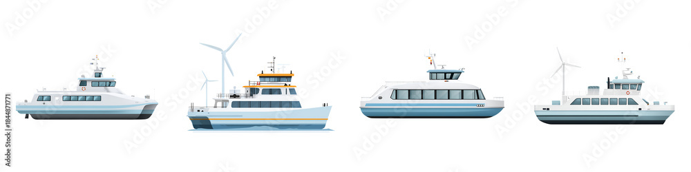 Naklejka premium Modern Ferry Boats with Wind Turbines on White