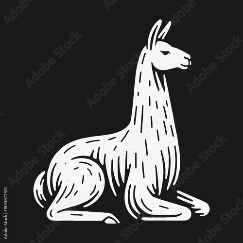 Stylized white llama illustration sitting gracefully on a black background.