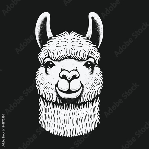 Cute friendly llama face graphic icon on a black background.