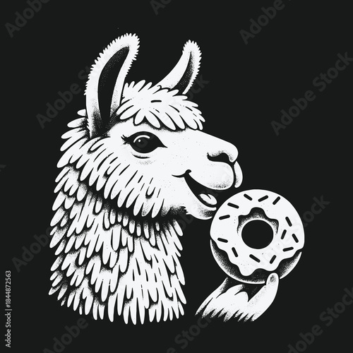 Happy smiling llama eating a sweet donut illustration.