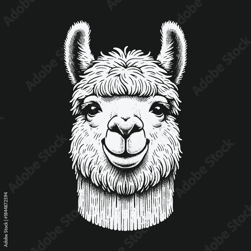 Cute Smiling Llama Head Black and White Illustration.