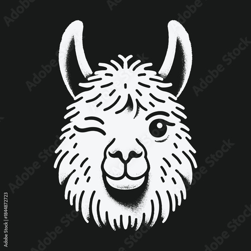 Cute winking llama head black and white illustration.