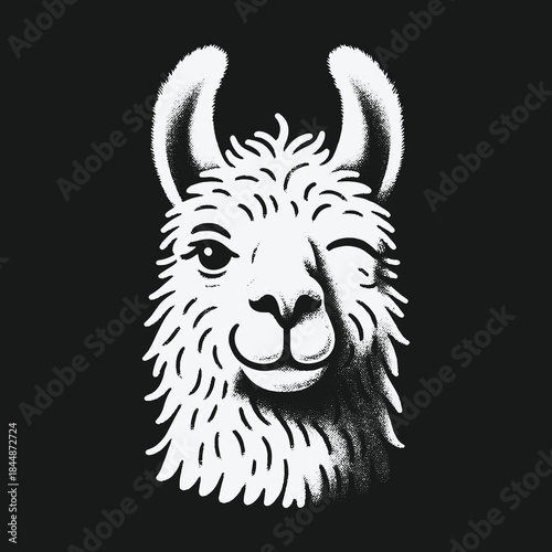 Cute winking llama head black and white illustration.