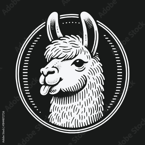 Funny llama head sticking tongue out in a circular frame.