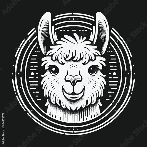 Happy Llama Face Black and White Illustration Logo.