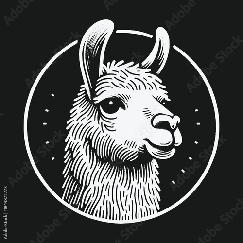 Hand drawn vintage style llama head illustration in a circle.