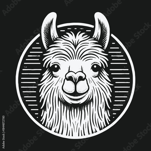 Monochrome llama head vector logo in a circular frame.