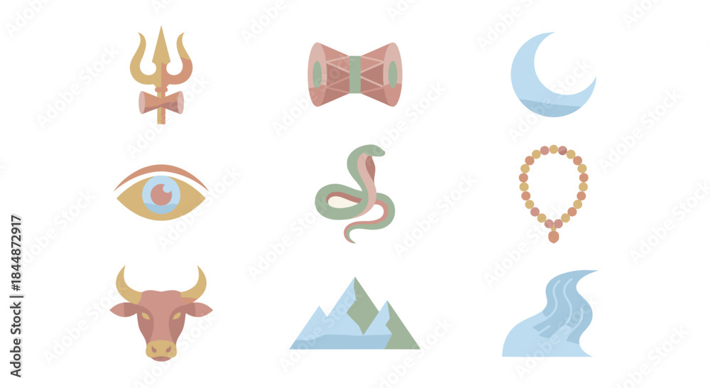 Fototapeta premium Cute Pastel Vector Icons of Shiva Symbols Set featuring Soft Color Trishula Nandi and River Ganga for Gentle Religious Designs