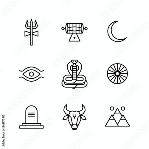 Lord Shiva Vector Icons Set Outline Style featuring Linear Trishula Damaru and Nandi Symbols for Minimalist Hindu Projects
